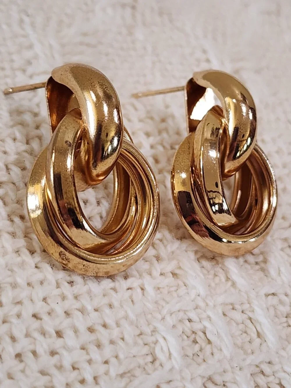 Gold Double Ring Knot Half Circle Stud Classy Office Pierced Earrings